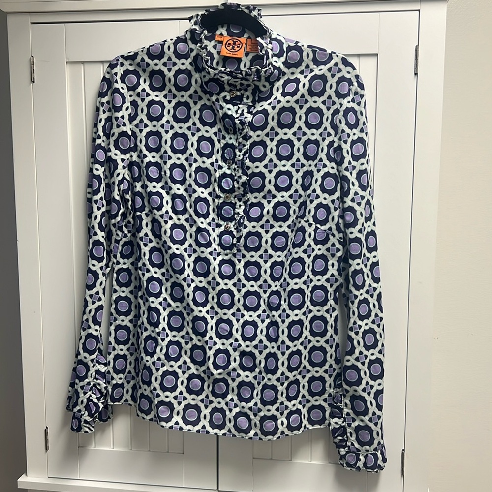 Tory Burch, Women’s Printed Mock Neck Blouse, 1/2 Button-Up, Size 10